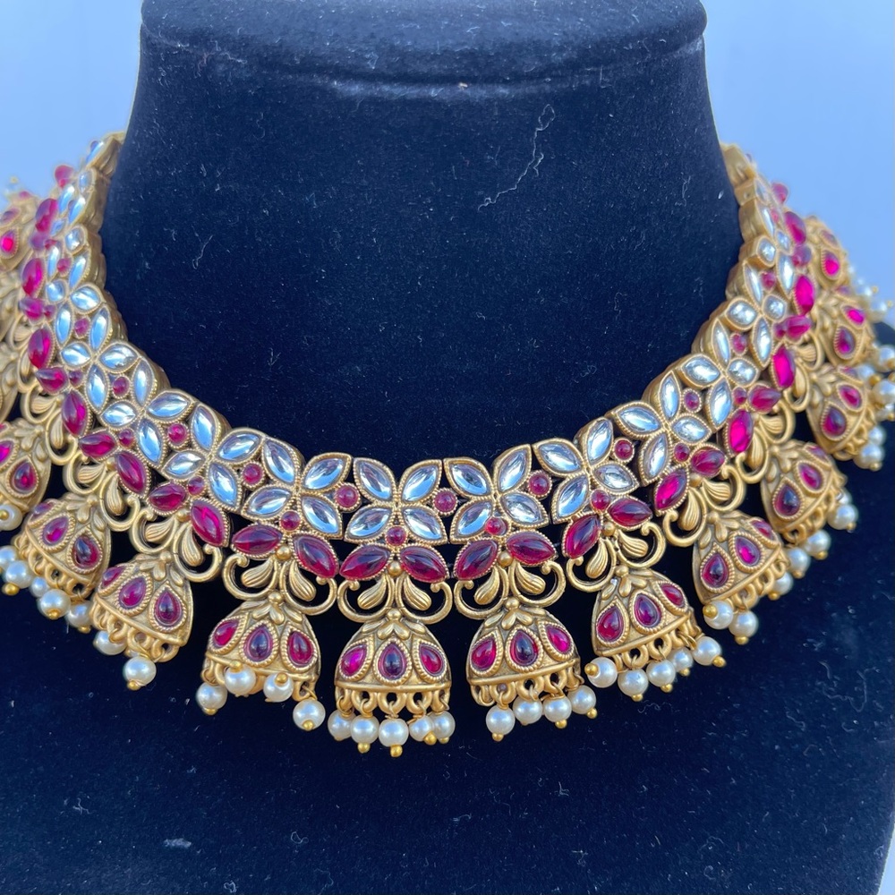 Gold Plated Pink Kundan & Pearl Choker Necklace Set for Women - Picture 5 of 12